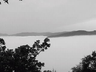 Nebel, Wolken und Berge vom Kybfelsen aus gesehen